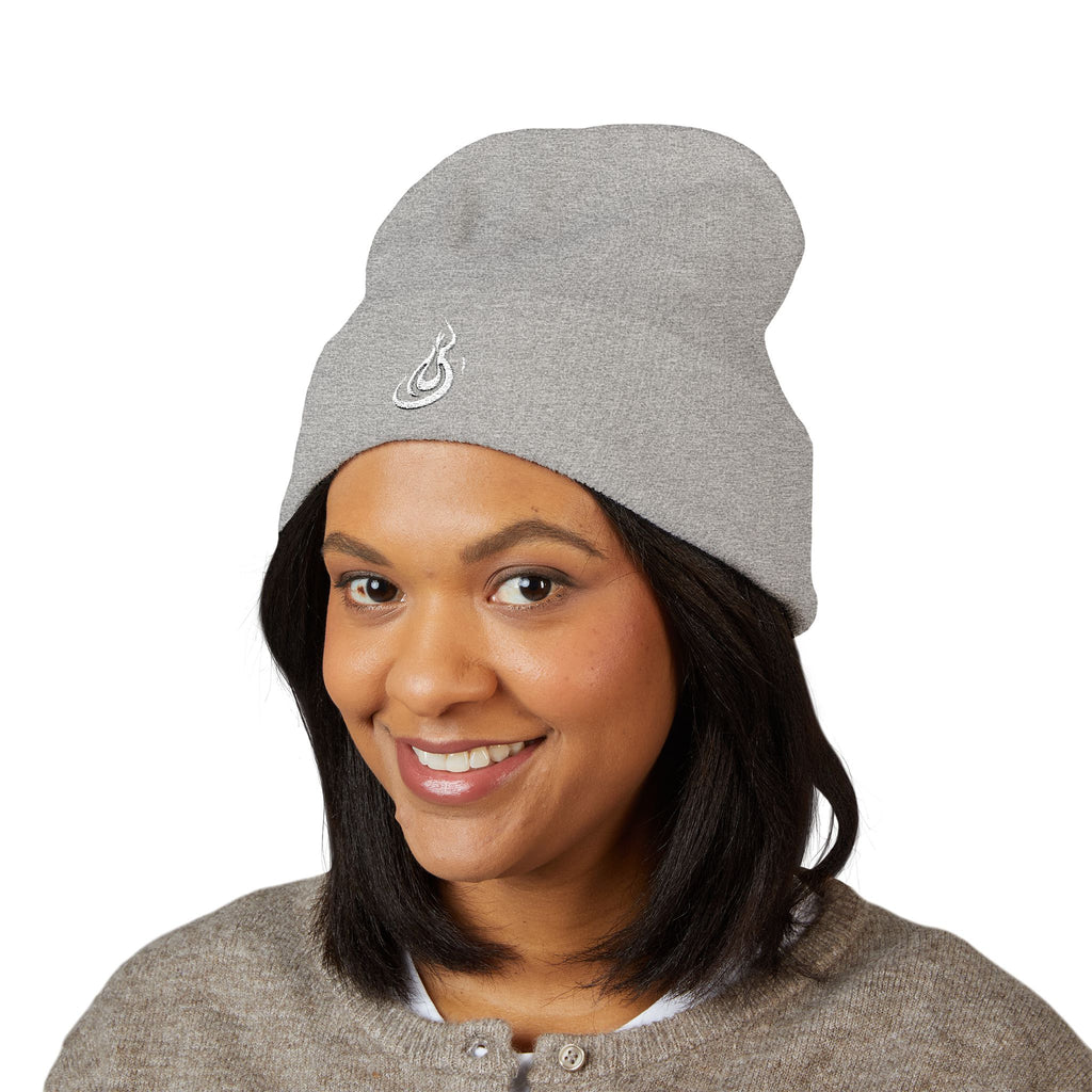 Embroidered Flame Logo Cuffed Beanie: Classic Knit Winter Hat