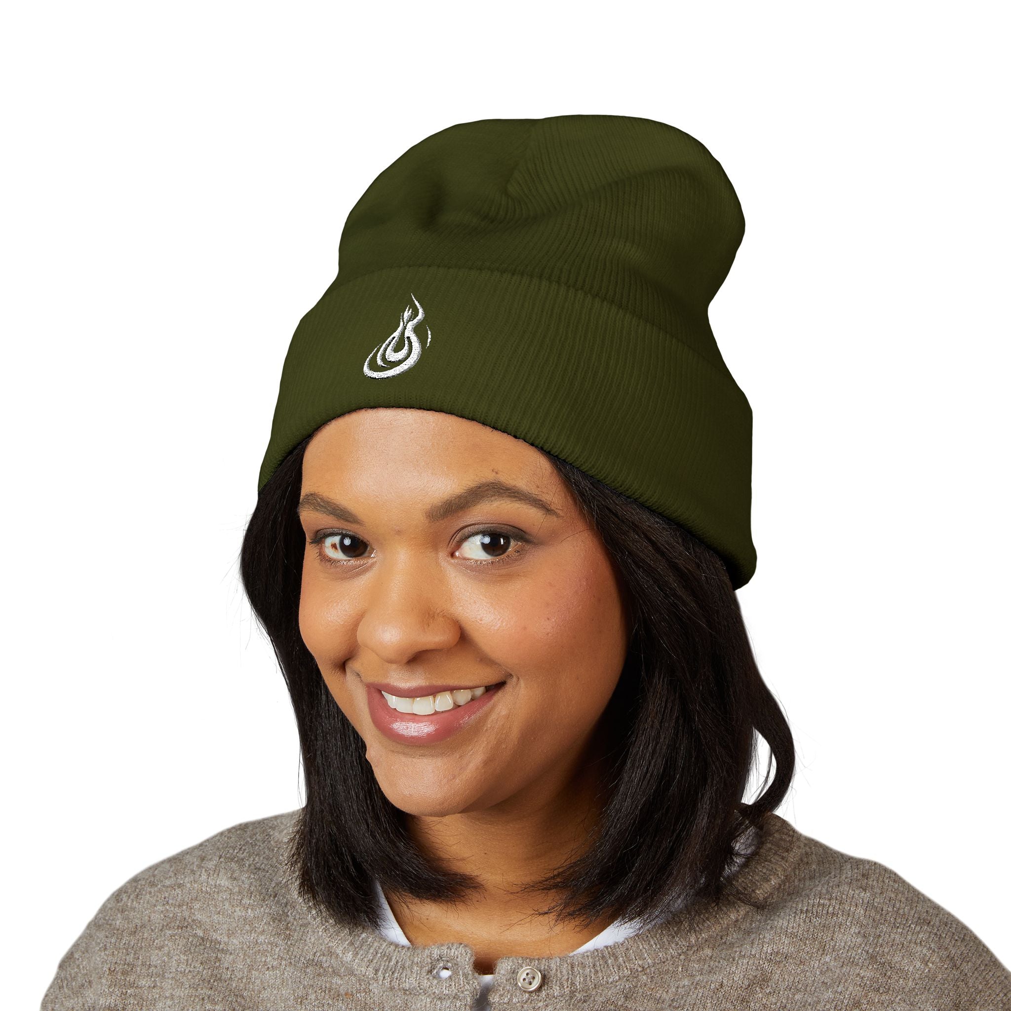 Embroidered Flame Logo Cuffed Beanie: Classic Knit Winter Hat