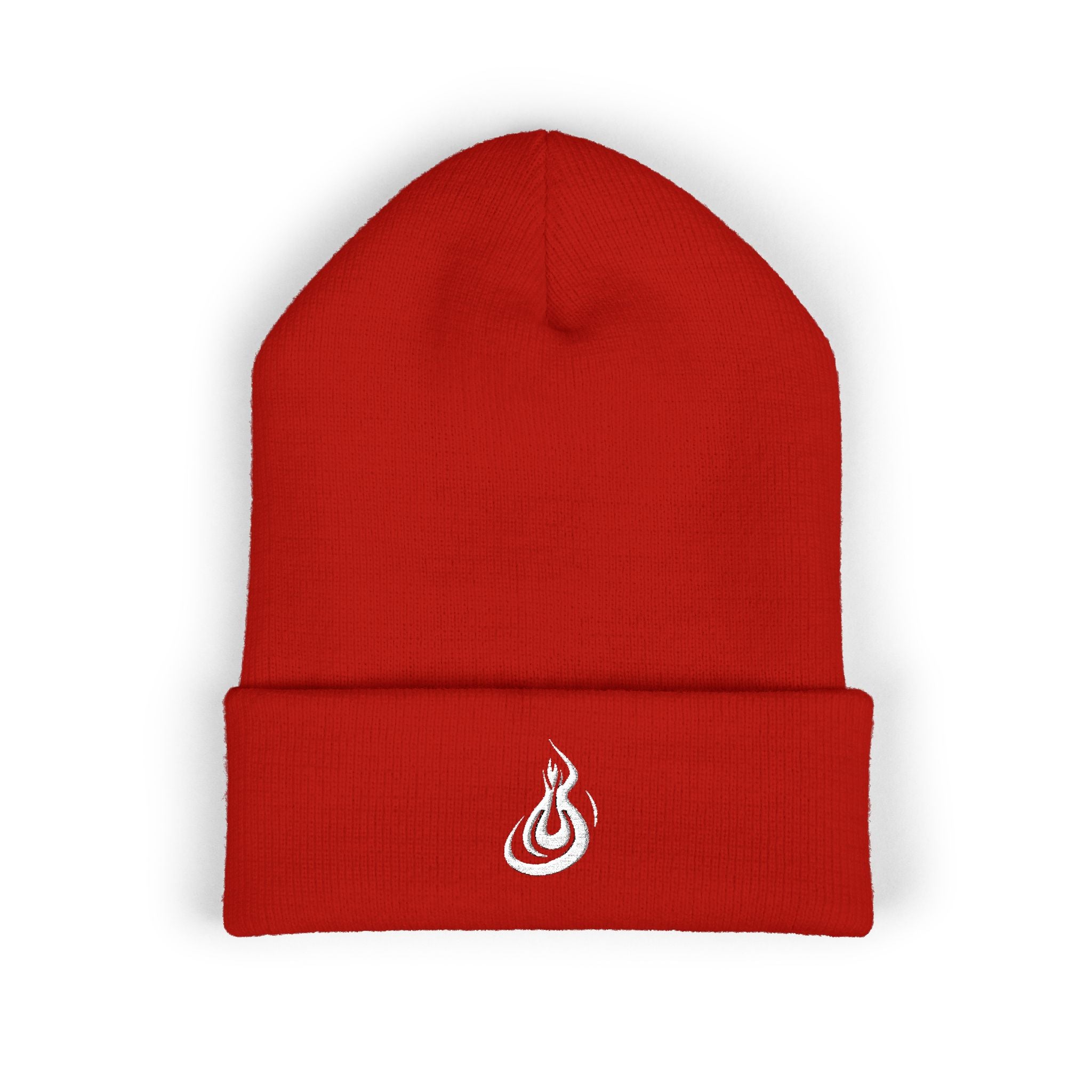 Embroidered Flame Logo Cuffed Beanie: Classic Knit Winter Hat