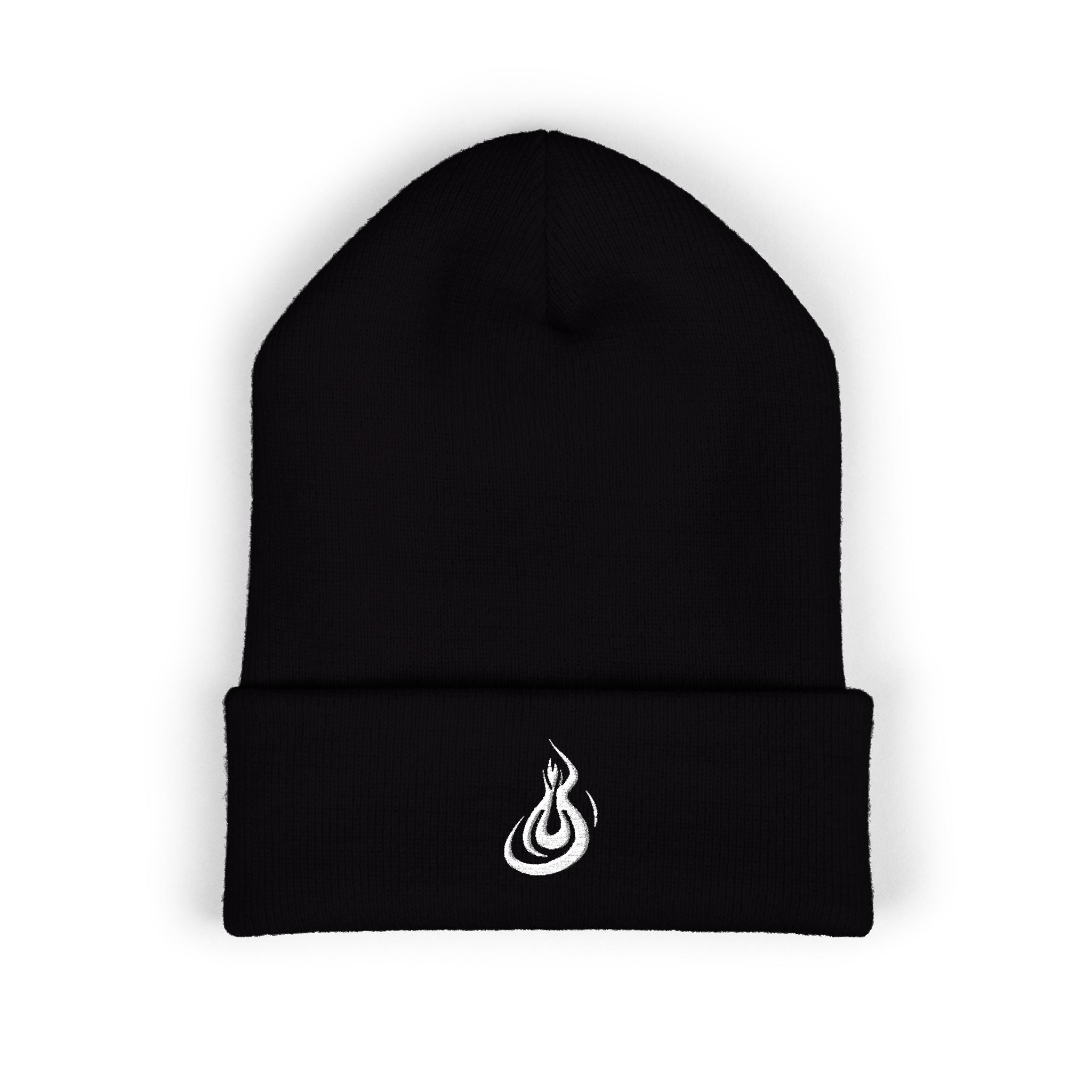 Embroidered Flame Logo Cuffed Beanie: Classic Knit Winter Hat