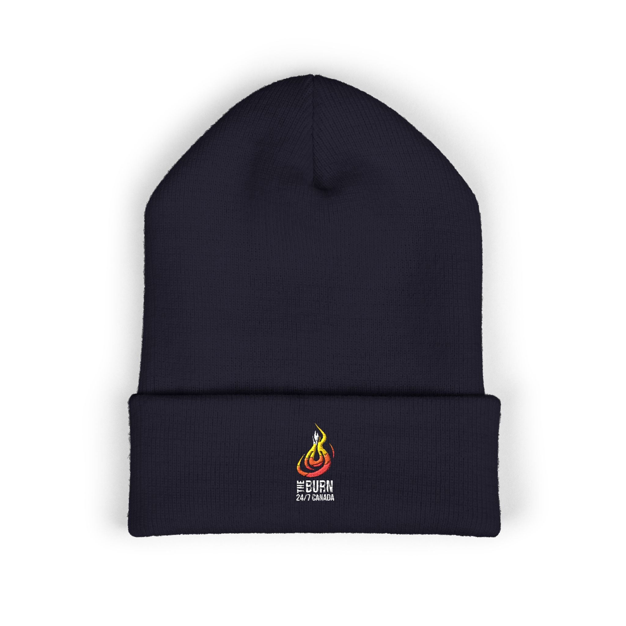 Embroidered Flame Logo Cuffed Beanie: Yellow Knit Winter Hat