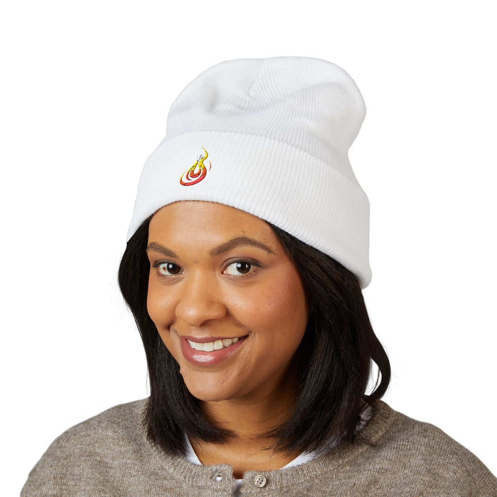 Embroidered Flaming Target Beanie: Classic Cuffed Knit Hat