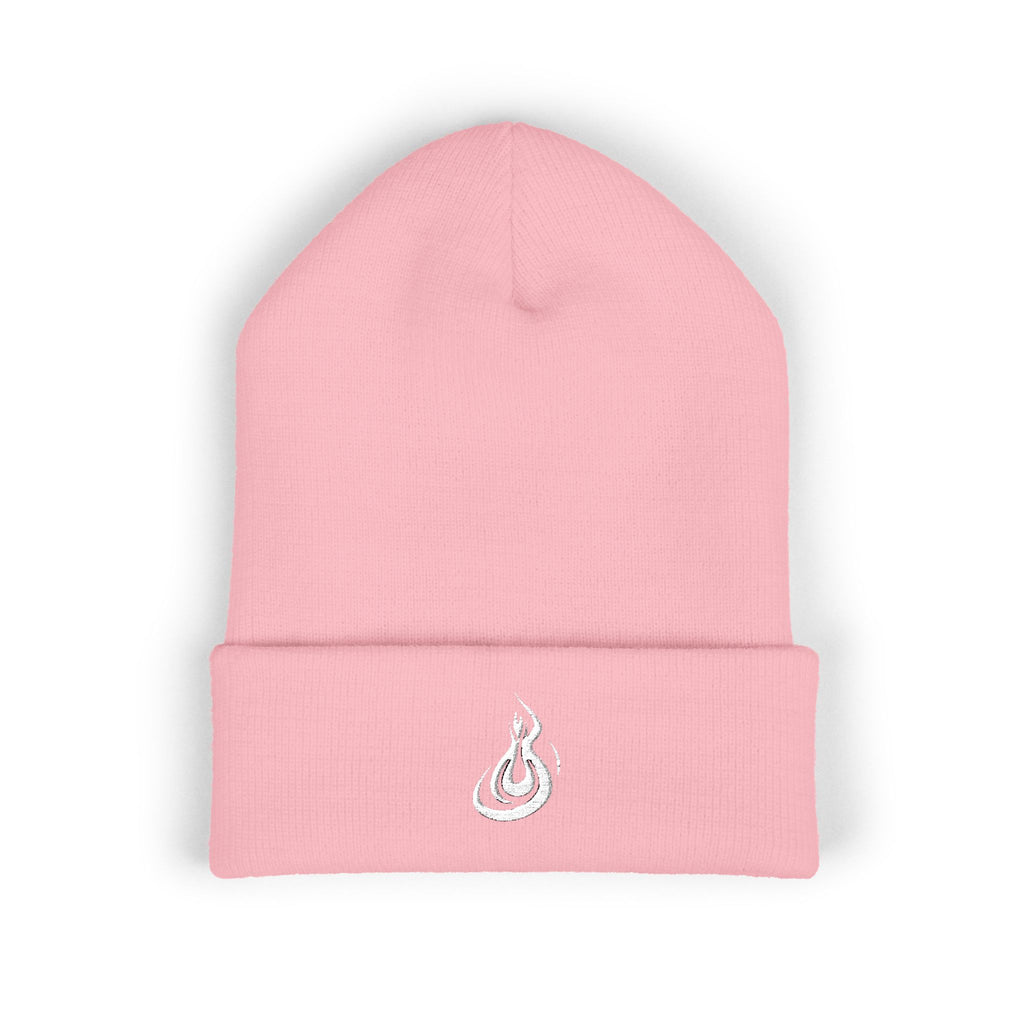 Embroidered Flame Logo Cuffed Beanie: Classic Knit Winter Hat