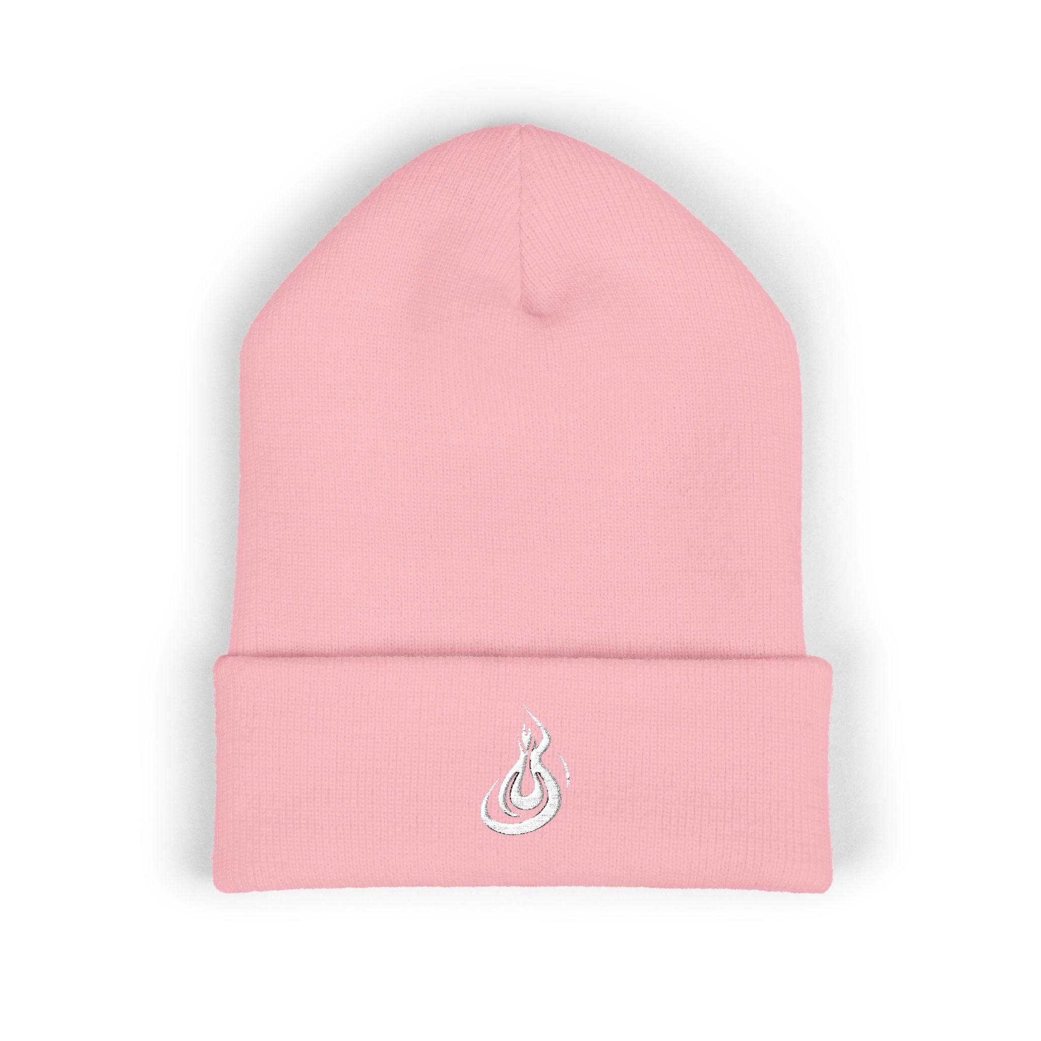 Embroidered Flame Logo Cuffed Beanie: Classic Knit Winter Hat