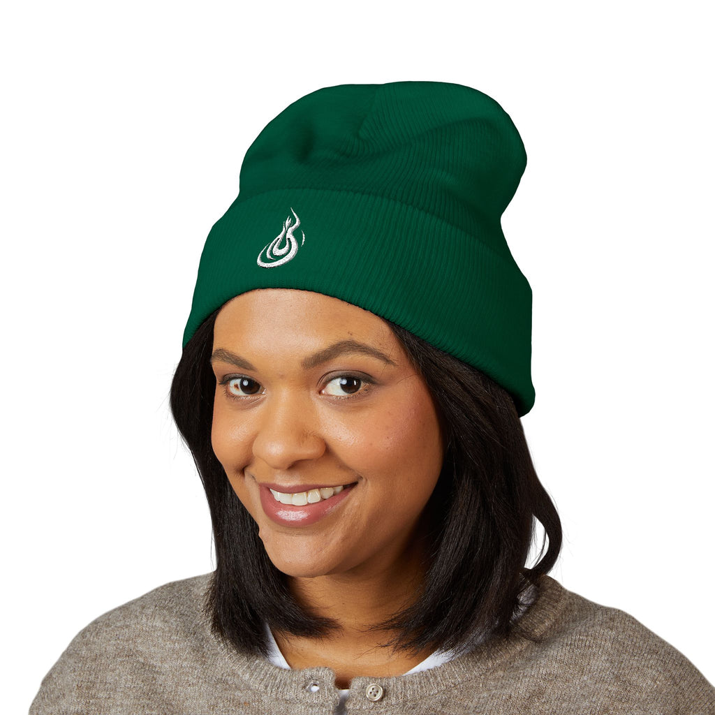 Embroidered Flame Logo Cuffed Beanie: Classic Knit Winter Hat