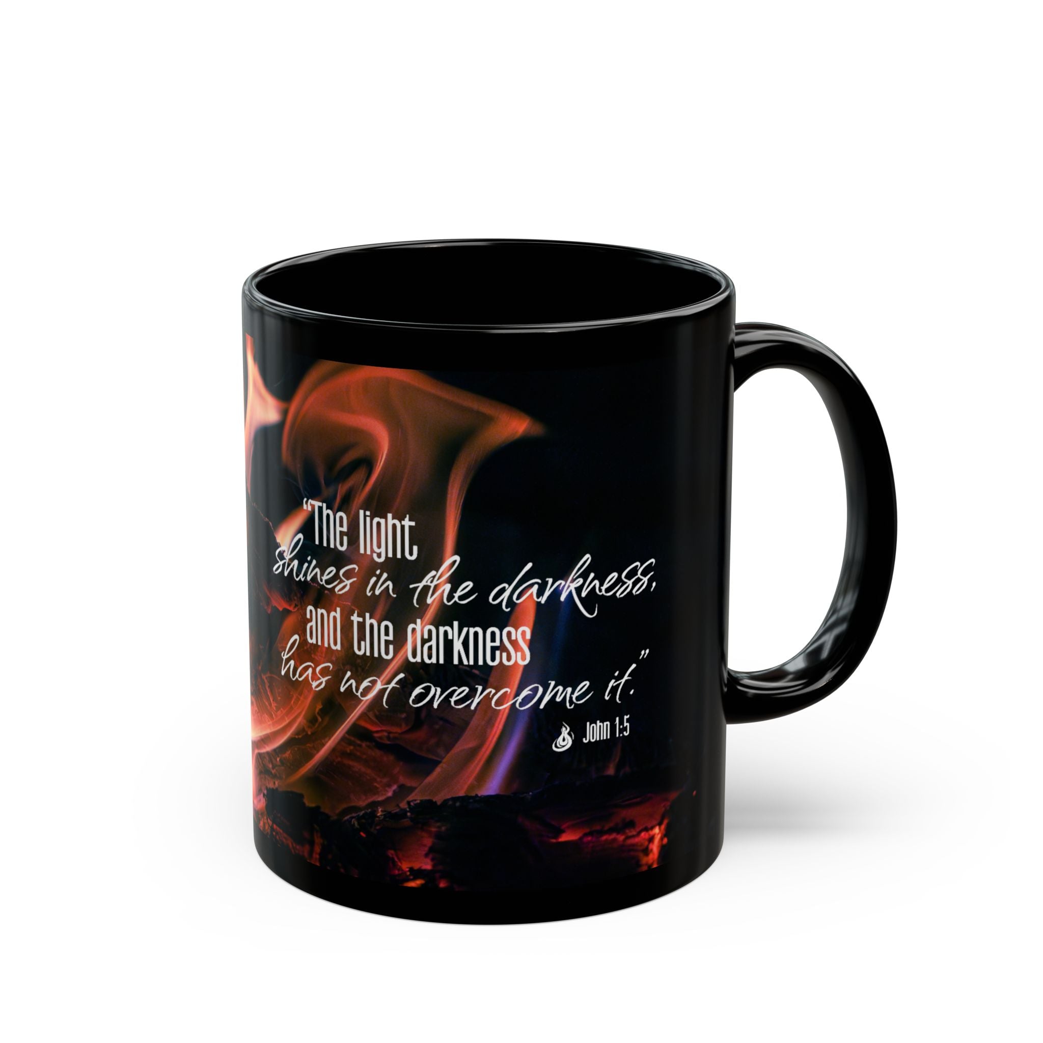 Inspirational Flame Black Mug "The Light Shines in the Darkness" (11oz/15oz)