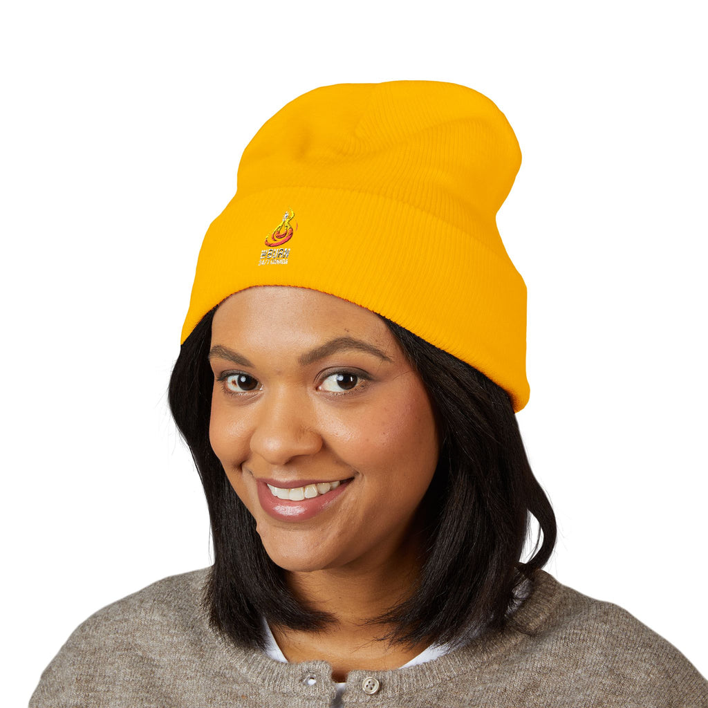 Embroidered Flame Logo Cuffed Beanie: Yellow Knit Winter Hat