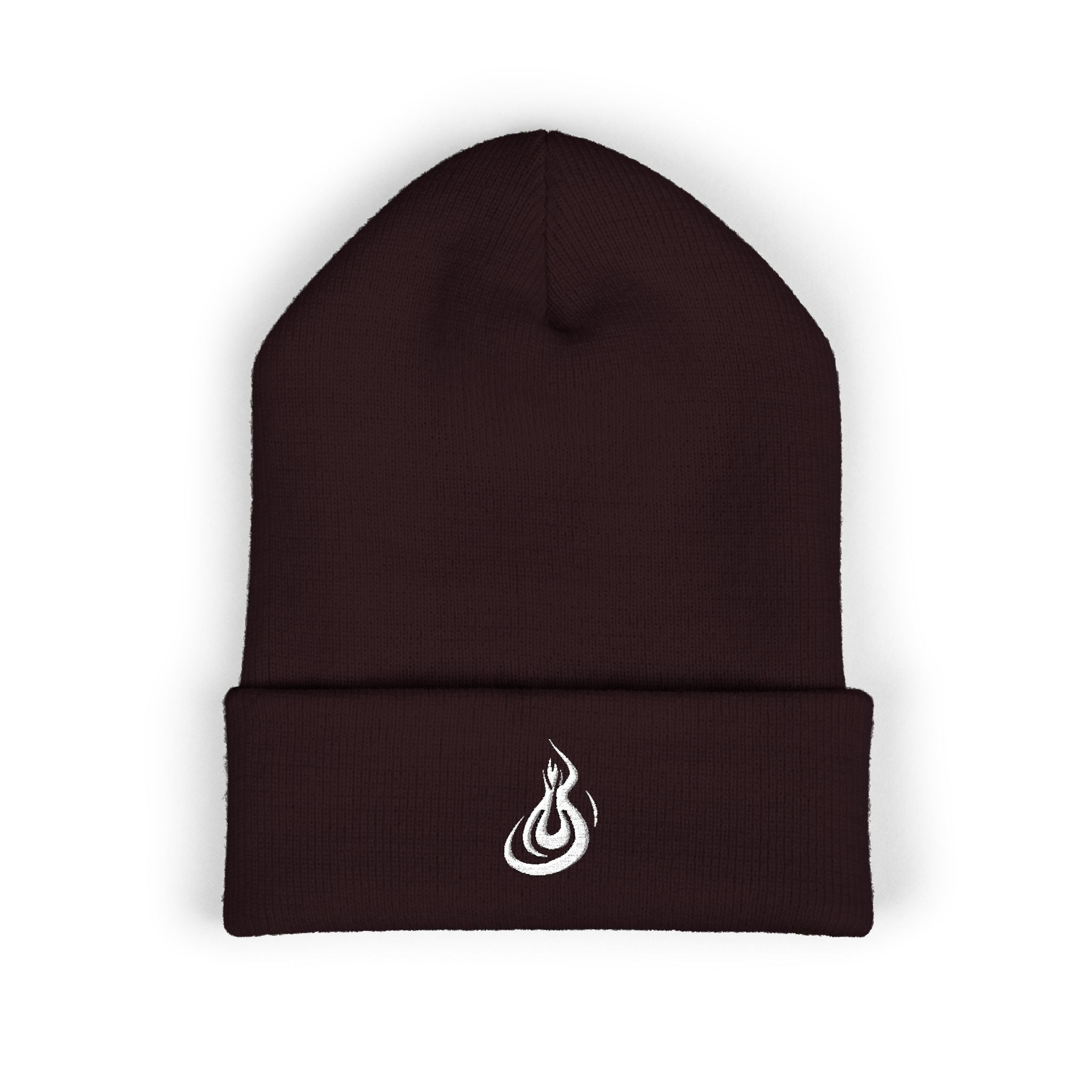 Embroidered Flame Logo Cuffed Beanie: Classic Knit Winter Hat