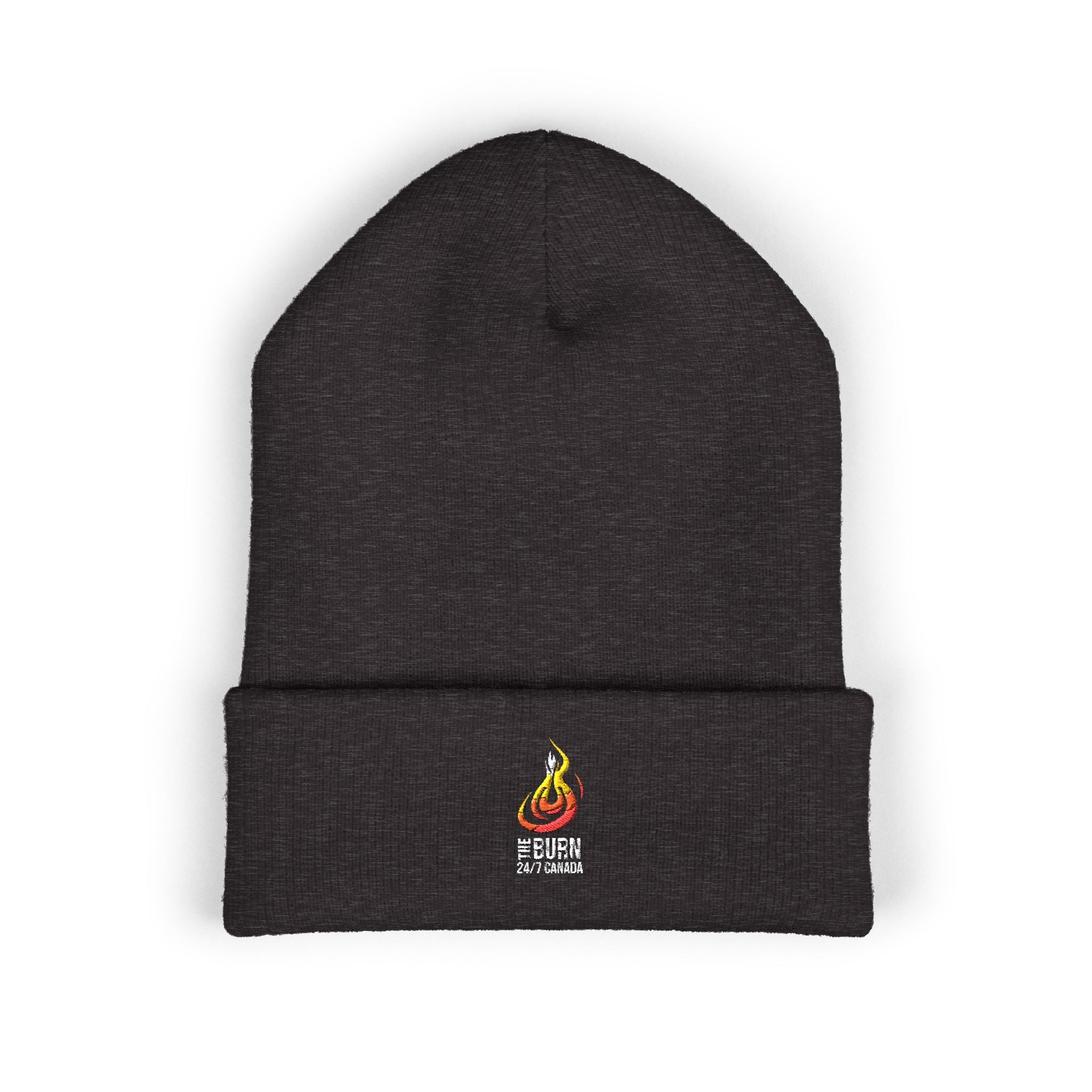 Embroidered Flame Logo Cuffed Beanie: Yellow Knit Winter Hat