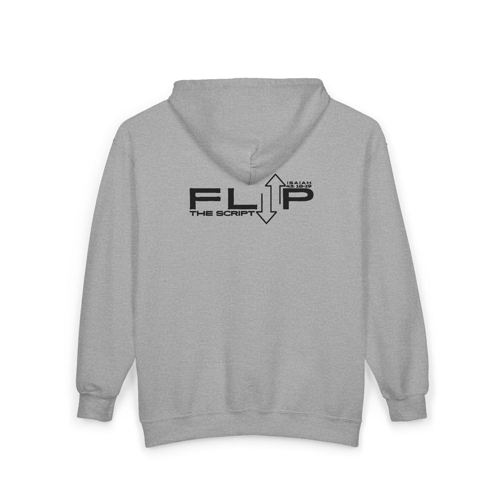 Flip The Script Full-Zip Hoodie — Isaiah 43:18–19 Faith Hoodie (Light Colours)
