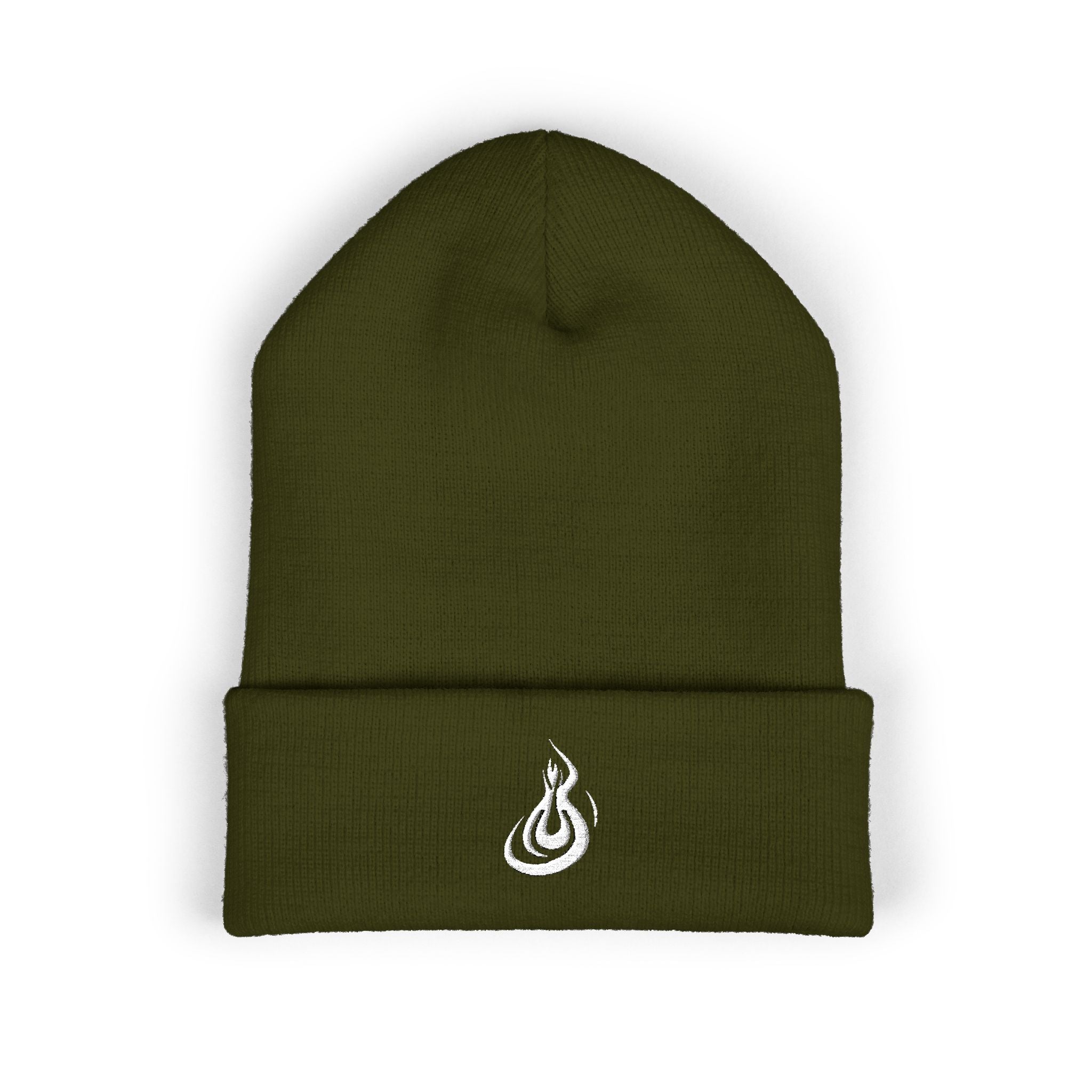 Embroidered Flame Logo Cuffed Beanie: Classic Knit Winter Hat