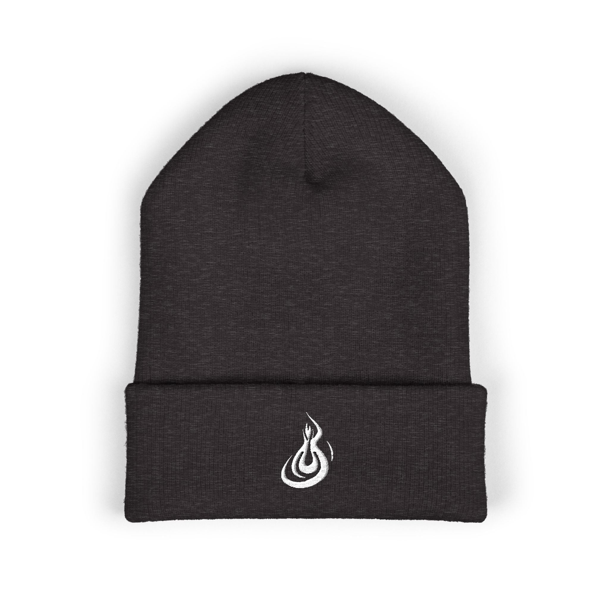 Embroidered Flame Logo Cuffed Beanie: Classic Knit Winter Hat