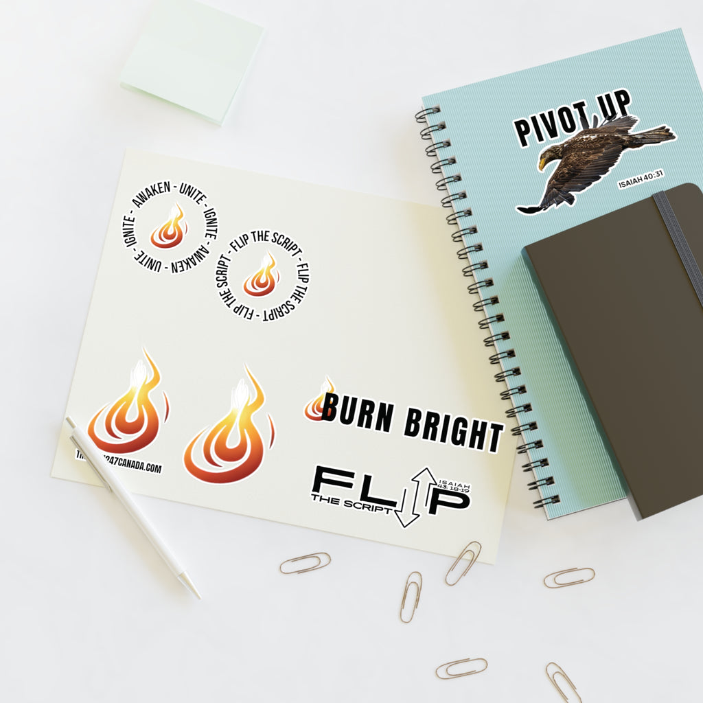 Burn 24/7 Canada Sticker Sheet — Motivational Flame, ‘Pivot Up’ Eagle & ‘Burn Bright’ Decals