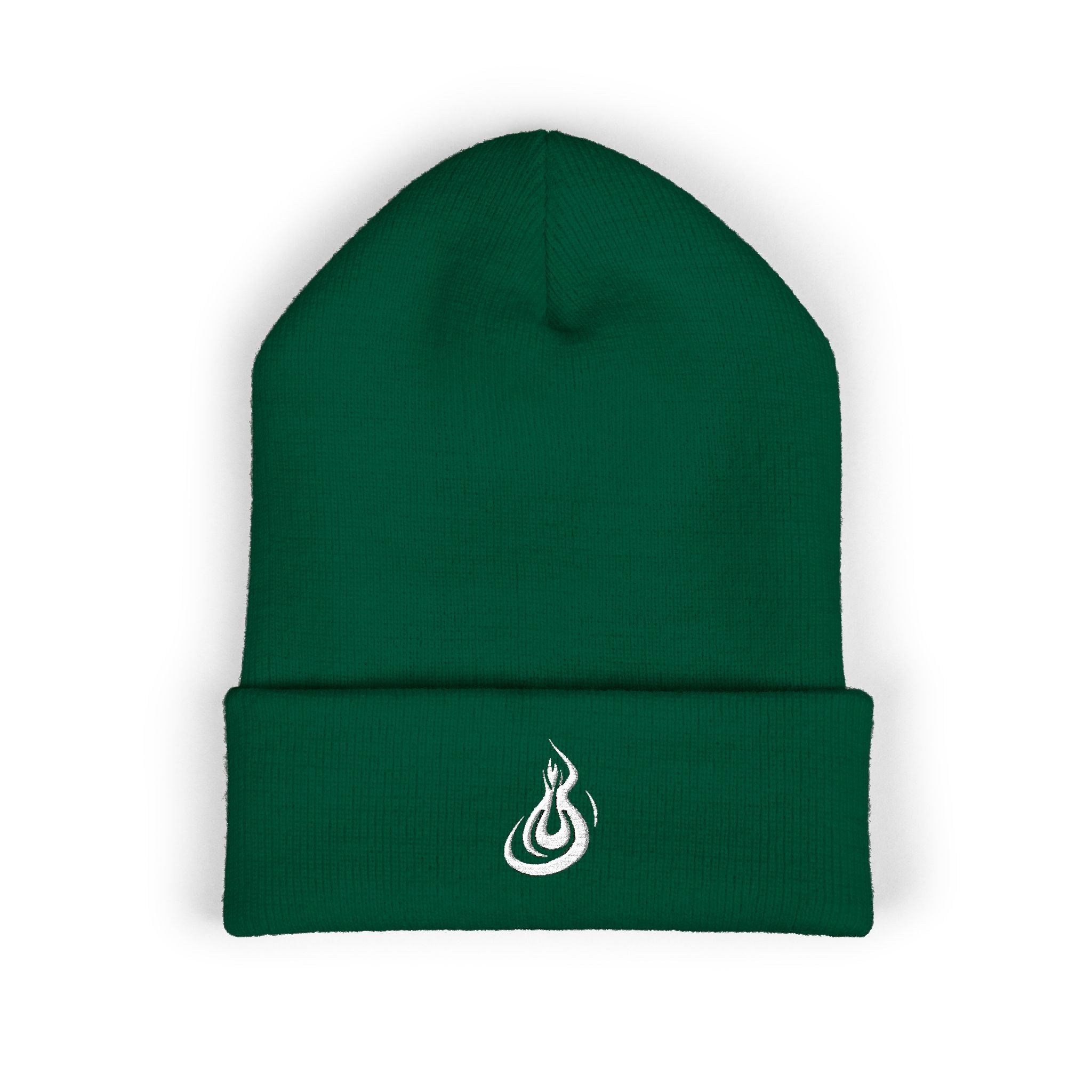 Embroidered Flame Logo Cuffed Beanie: Classic Knit Winter Hat