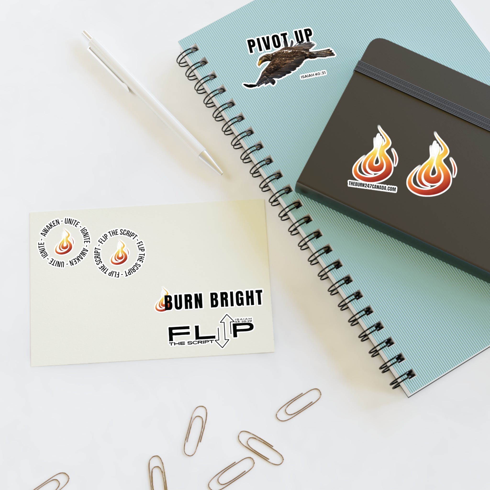 Burn 24/7 Canada Sticker Sheet — Motivational Flame, ‘Pivot Up’ Eagle & ‘Burn Bright’ Decals