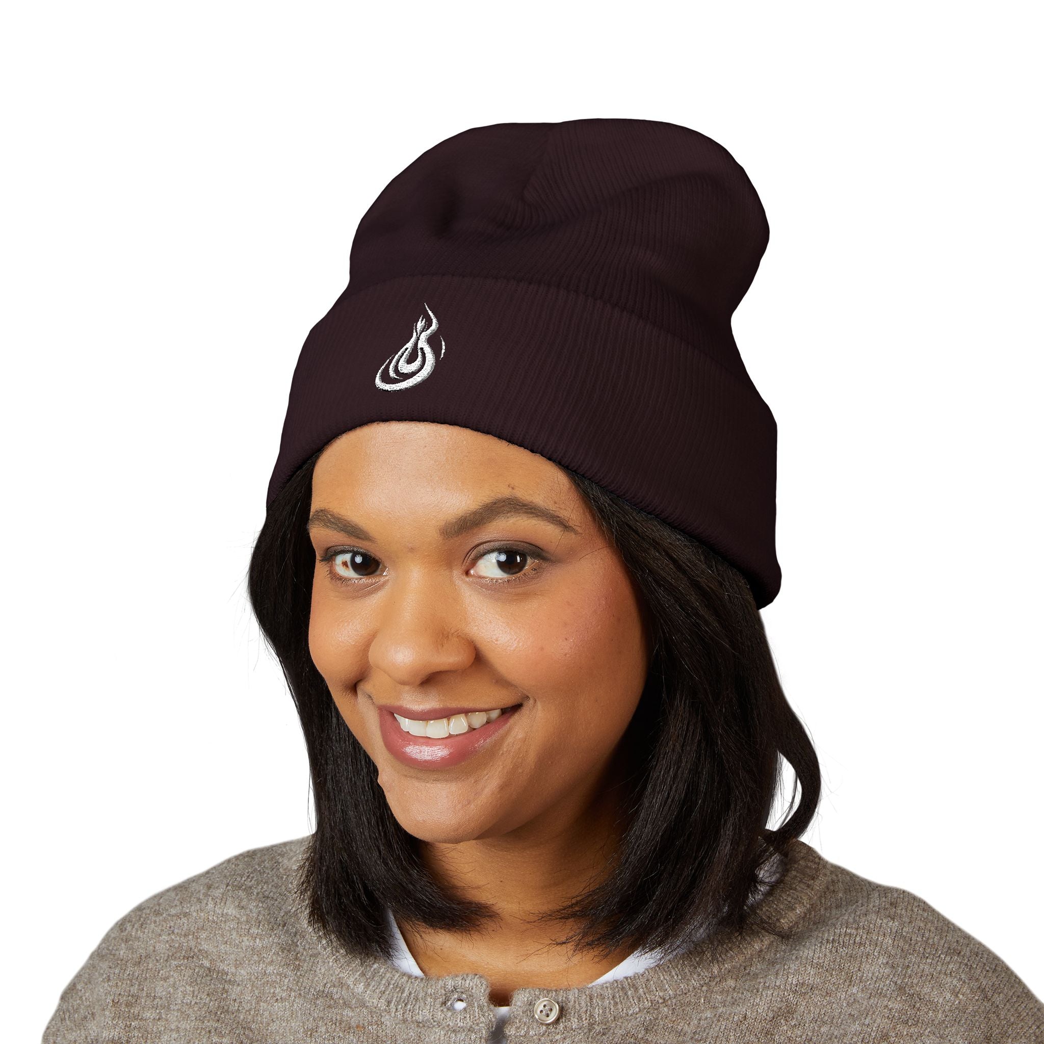 Embroidered Flame Logo Cuffed Beanie: Classic Knit Winter Hat