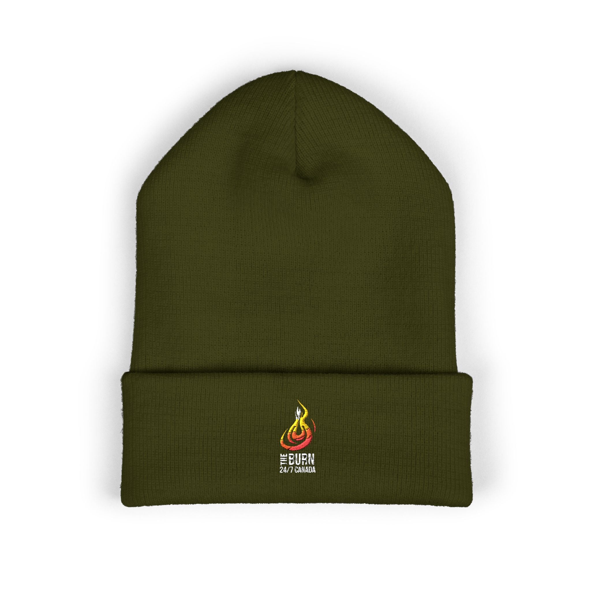 Embroidered Flame Logo Cuffed Beanie: Yellow Knit Winter Hat