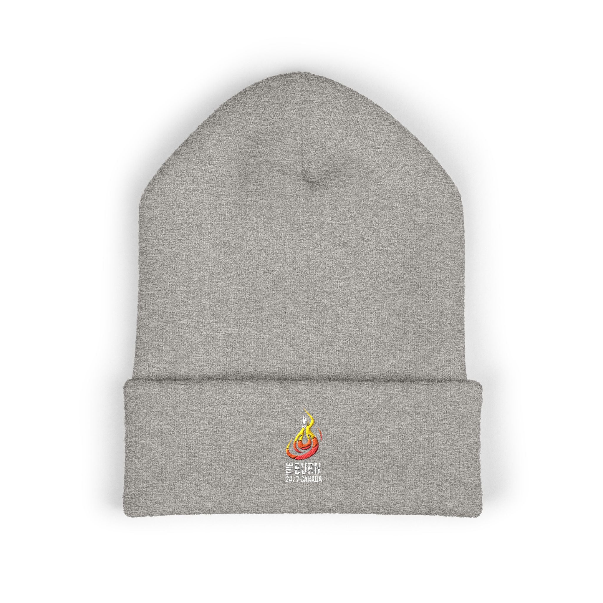 Embroidered Flame Logo Cuffed Beanie: Yellow Knit Winter Hat