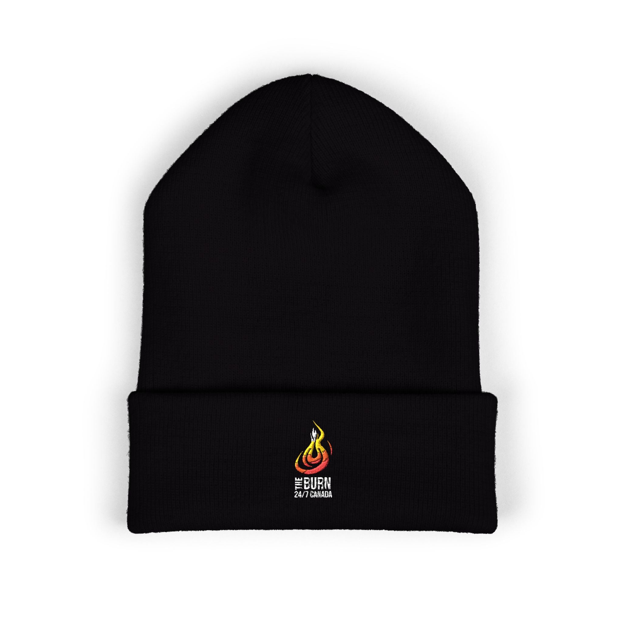 Embroidered Flame Logo Cuffed Beanie: Yellow Knit Winter Hat