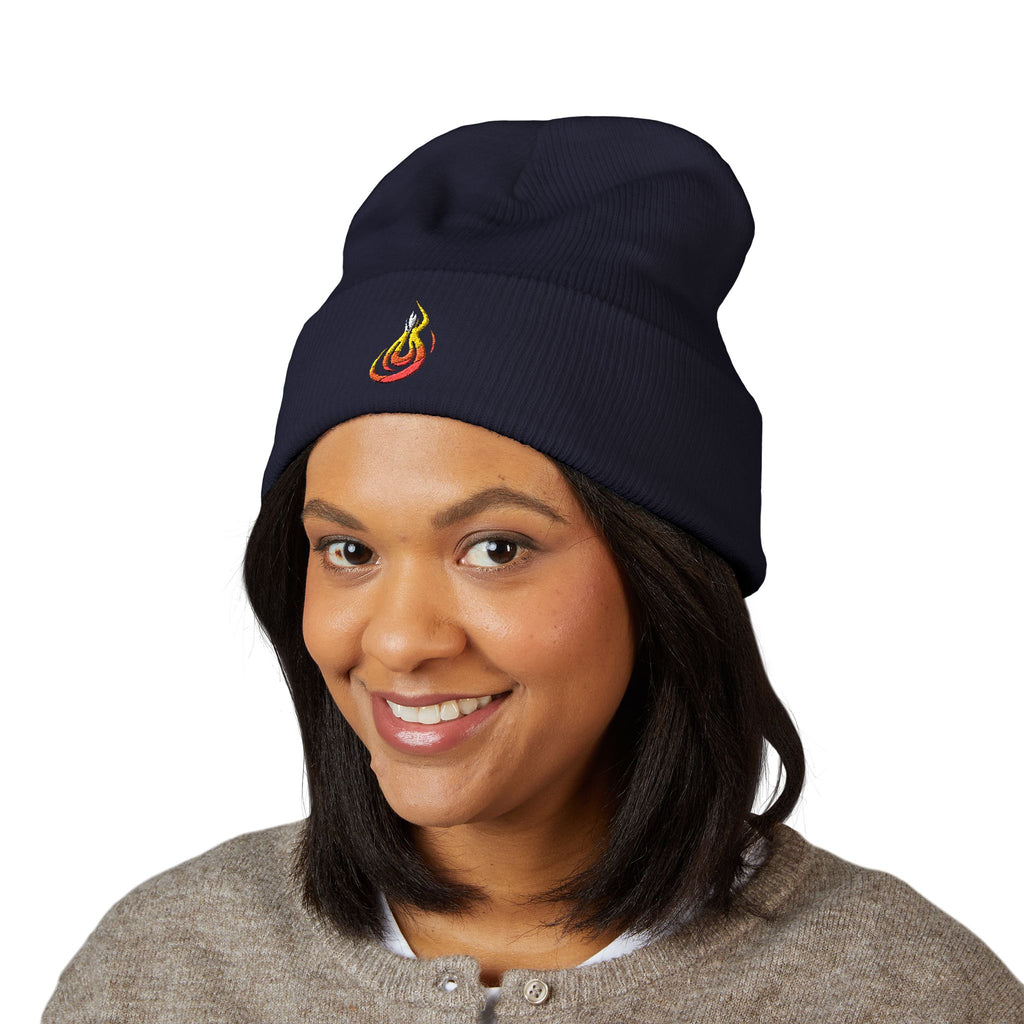 Embroidered Flaming Target Beanie: Classic Cuffed Knit Hat