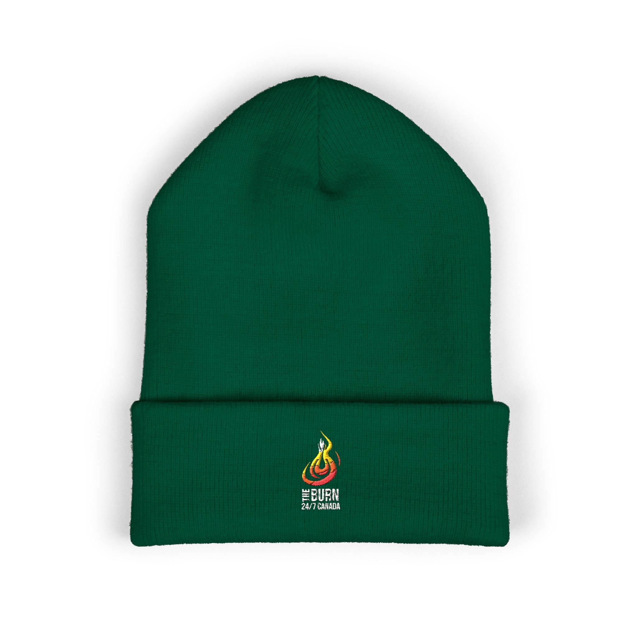 Embroidered Flame Logo Cuffed Beanie: Yellow Knit Winter Hat