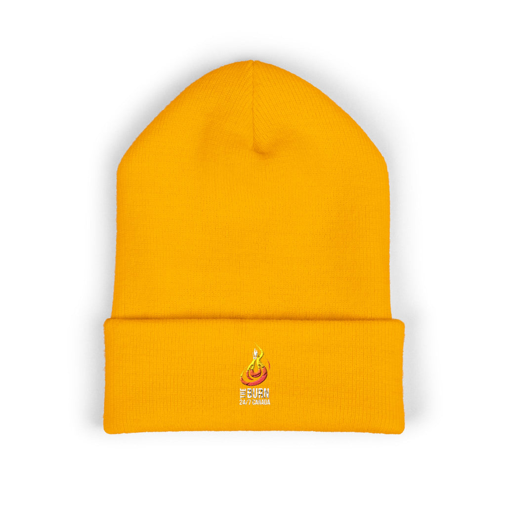 Embroidered Flame Logo Cuffed Beanie: Yellow Knit Winter Hat