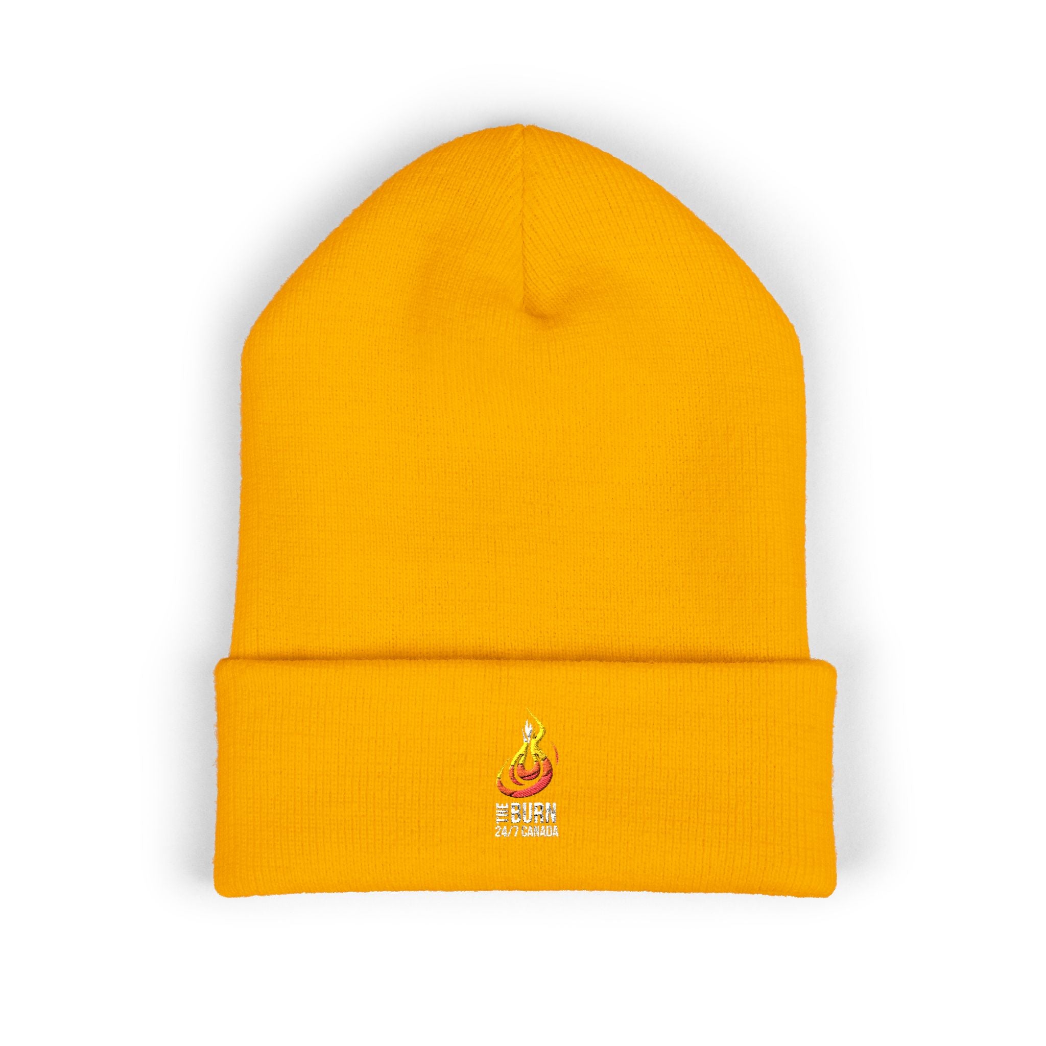 Embroidered Flame Logo Cuffed Beanie: Yellow Knit Winter Hat