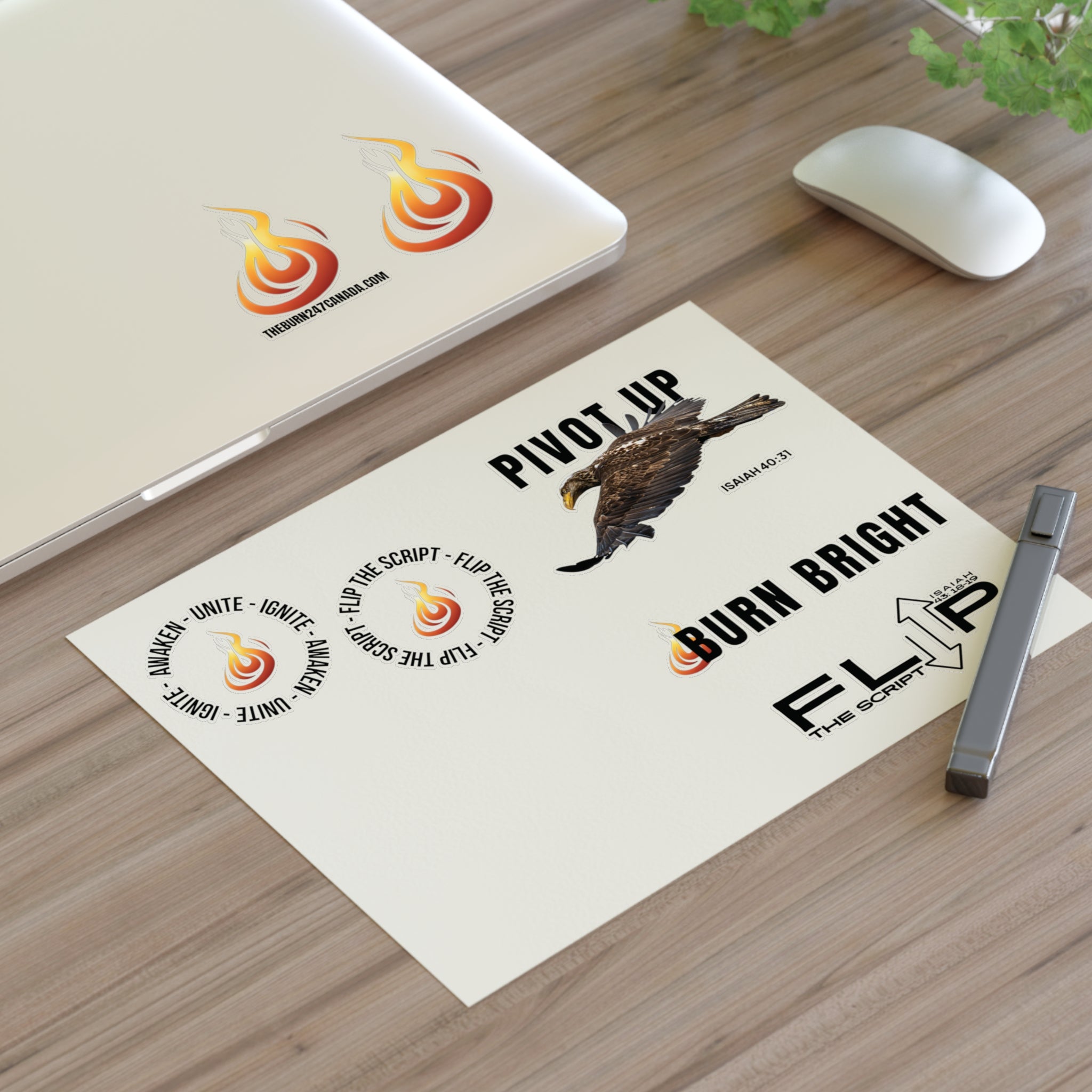 Burn 24/7 Canada Sticker Sheet — Motivational Flame, ‘Pivot Up’ Eagle & ‘Burn Bright’ Decals