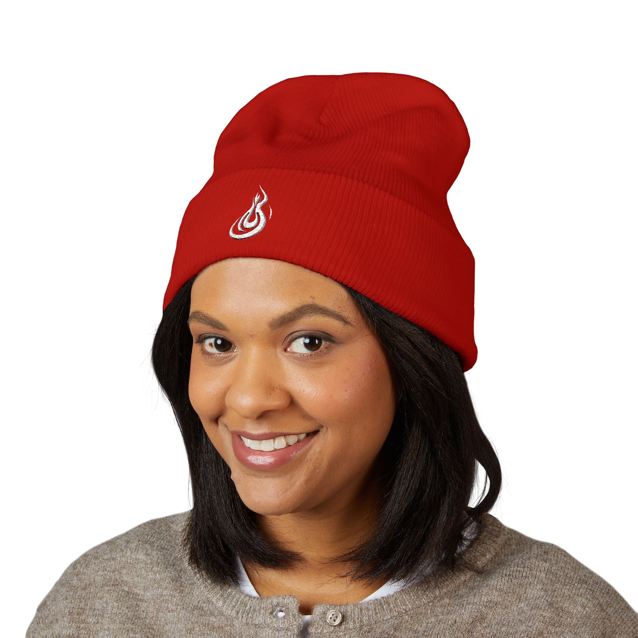 Embroidered Flame Logo Cuffed Beanie: Classic Knit Winter Hat