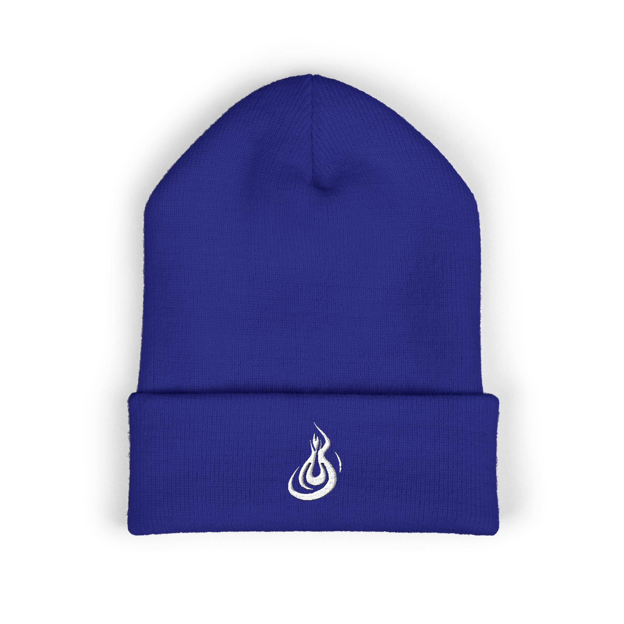 Embroidered Flame Logo Cuffed Beanie: Classic Knit Winter Hat