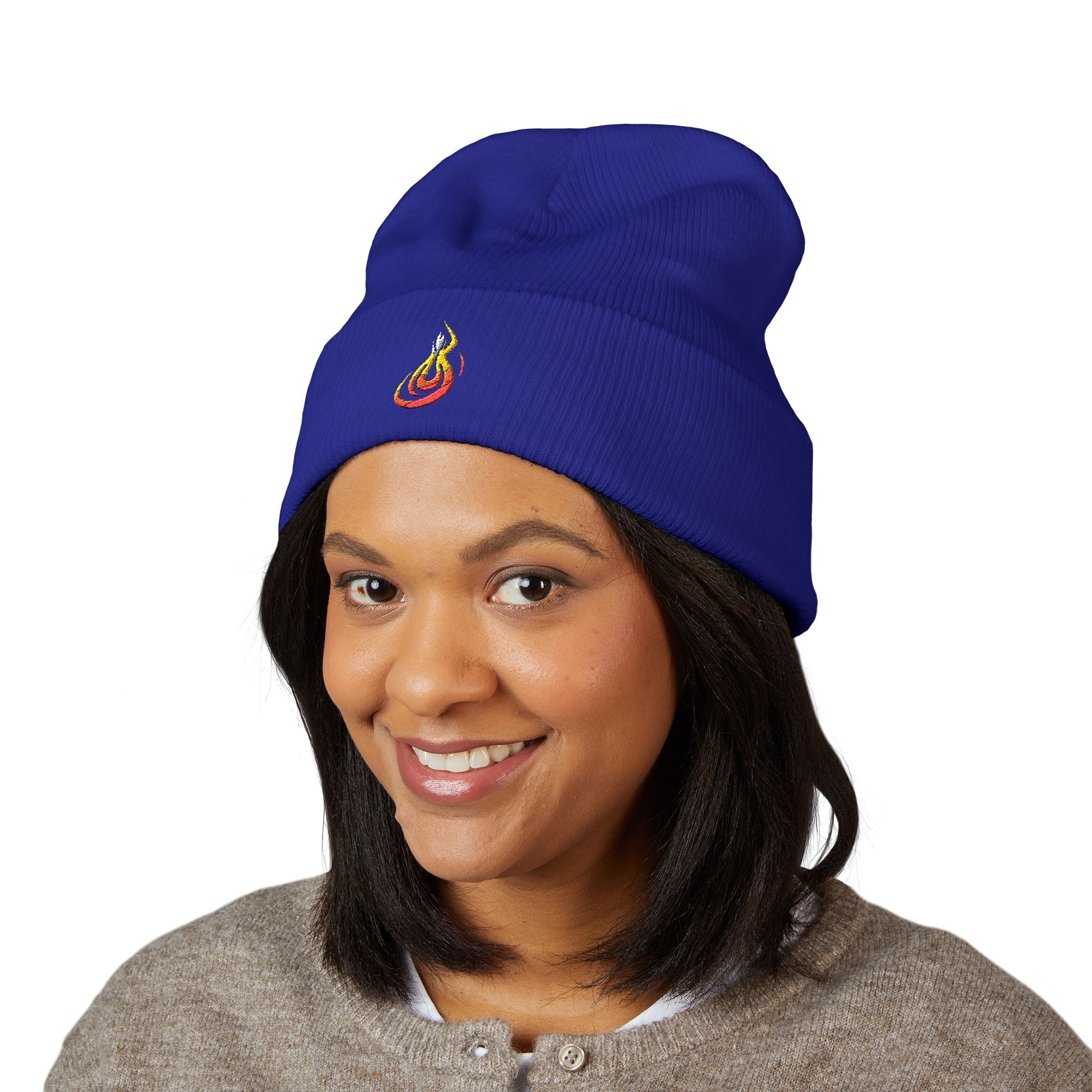 Embroidered Flaming Target Beanie: Classic Cuffed Knit Hat