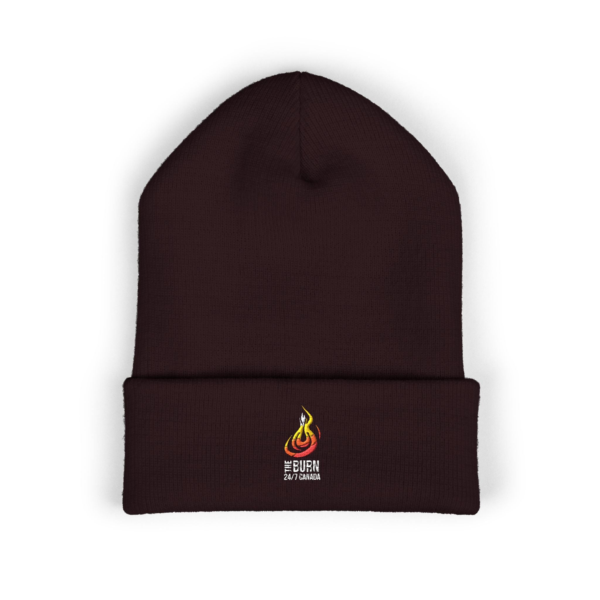 Embroidered Flame Logo Cuffed Beanie: Yellow Knit Winter Hat